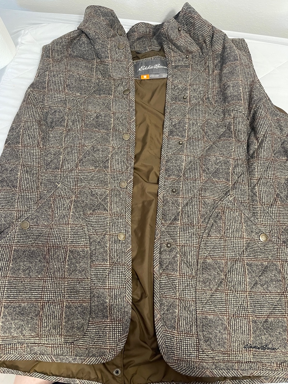 Eddie Bauer Women’s Plaid Quilted Jacket in Brown and Gray